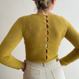 May include: Mustard yellow long-sleeved sweater with a unique open back design. The back features a series of vertical, lozenge-shaped cutouts. The sweater has a crew neck and is made of a knitted material. The model is wearing light-colored pants.