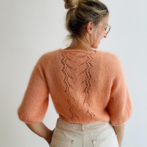 May include: A peach-colored, short-sleeved sweater with a delicate openwork design on the back. The sweater has a round neckline and a slightly puffed sleeve. The model is wearing light-colored jeans.