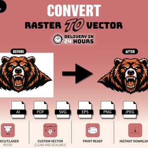 May include: A graphic showing a raster to vector conversion service. It features a bear head illustration labeled BEFORE and AFTER, with a black arrow in between. Text includes CONVERT RASTER TO VECTOR, DELIVERY IN 24 HOURS, and file formats AI, PDF, SVG, EPS, PNG, JPEG.