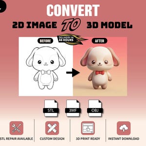 Puede incluir: Un gráfico de servicio digital titulado CONVERT 2D IMAGE TO 3D MODEL. Muestra un dibujo lineal en blanco y negro de un cachorro junto a una versión 3D renderizada del mismo cachorro. Se muestran iconos de formatos de archivo STL, 3MF y OBJ.