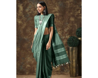 Beautiful Olive Green Linen with Silver Border Saree Blouse for Women, Bollywood Style Designer Sari Celebrity Linen Sarees Party Wear Sari