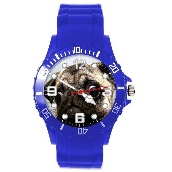 Pug Dog Lover Friend Puppy Blue Silicone Quartz Analog Watch Uhr Reloj