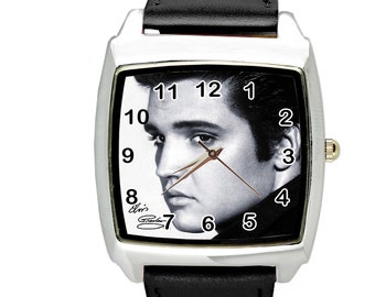 Elvis E8 Quartz Square Watch With Real Black Leather Strap