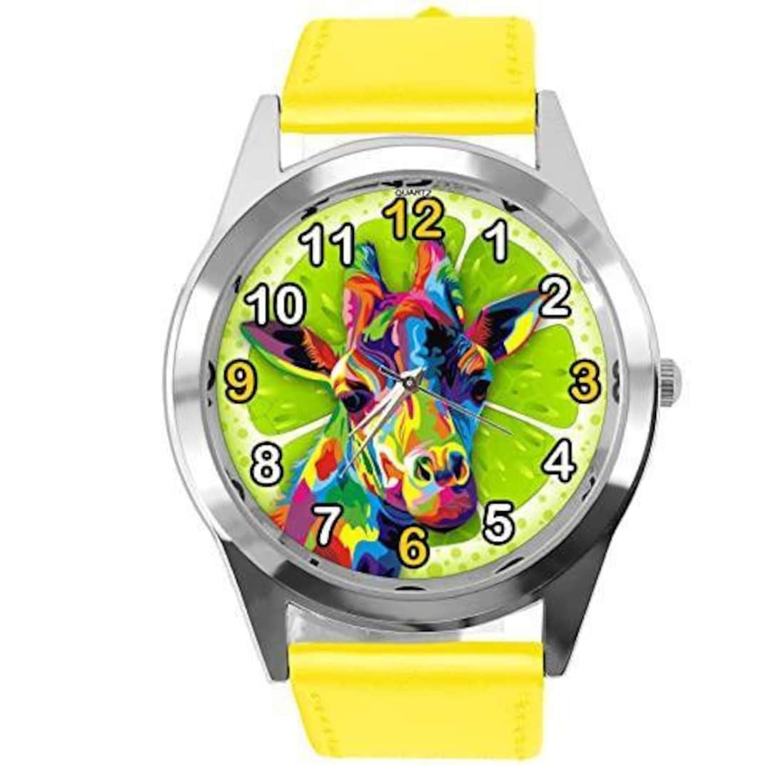 Yellow Leather Quartz Round Watch for Giraffe Fans - Etsy