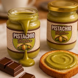 May include: Two glass jars of pistachio butter, one with a dollop of butter on a white surface. The jars have a green and brown label with the text "Pistachio Butter". A slice of bread with pistachio butter spread on top is also on the surface.