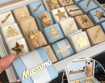 Cadeau de naissance pour garçons, motif chocolaté personnalisé avec 48 chocolats napolitains