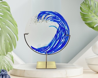 Fused Glass Ocean Wave Sculpture • Beach Suncatcher For Home • Unique Art Deco