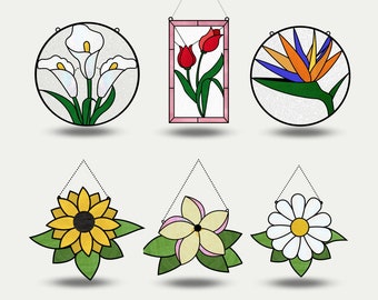 Paquete de seis patrones florales digitales • Diseños de vitrales florales para descargar • Patrón digital en PDF