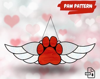 Pet Paw Stained Glass Pattern • Dog & Cat Angel Wings Stained Glass Pattern