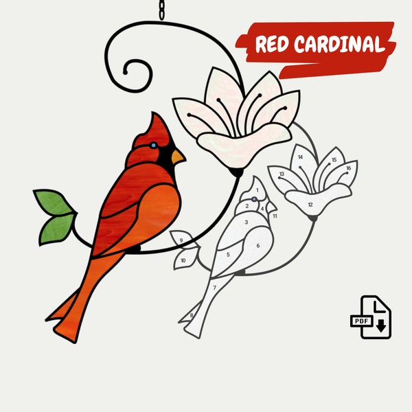 Patrón de atrapasueños de vidriera cardenal rojo • Patrón de atrapasueños fácil • Descarga digital en PDF