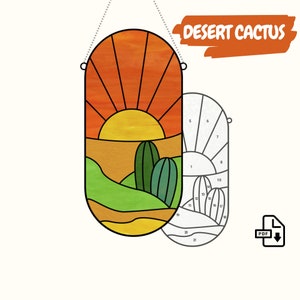 Digital Download • Desert Cactus Stained Glass Suncatcher Pattern • Easy Cactus Landscape Pattern