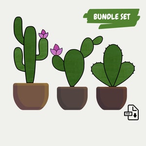 Op de afbeelding: Een set van drie cactusplanten in potten met roze bloemen. De cactussen staan in bruine potten en hebben een groene, getextureerde uitstraling. De tekst "BUNDLE SET" staat in het groen bovenaan de afbeelding.