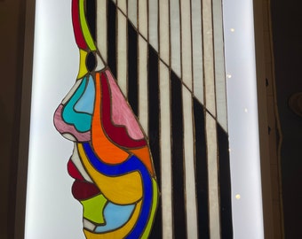 Modern Stained Glass Panel, Face and Stripes Art (60x30 CM)