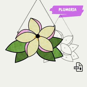 K&ouml;nnte beinhalten: Ein Bleiglasmuster einer Frangipani-Blume mit gr&uuml;nen Bl&auml;ttern. Das Muster ist von 1 bis 16 nummeriert f&uuml;r ein Bleiglasprojekt.