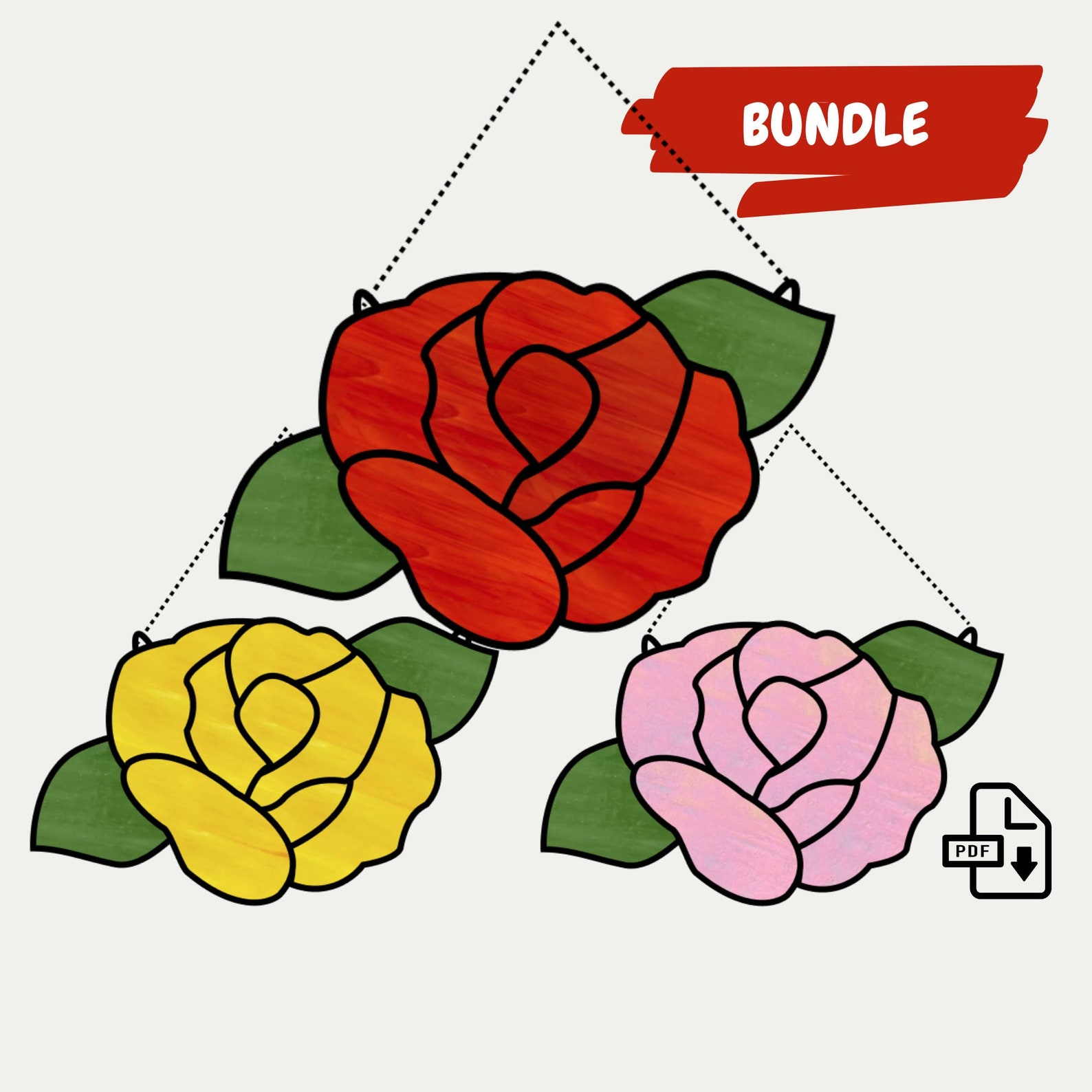 3 Roses Stained Glass Pattern Rose Suncatcher Stained Glass Pattern • 3 Colors Bundle (digital PDF ...