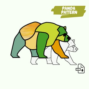 K&ouml;nnte beinhalten: Ein Malen-nach-Zahlen-Muster eines Panda-B&auml;ren, der geht. Das Muster ist von 1 bis 12 nummeriert. Der Panda ist gr&uuml;n, gelb, orange und blau. Der Text "PANDA PATTERN" befindet sich in der oberen rechten Ecke des Bildes.