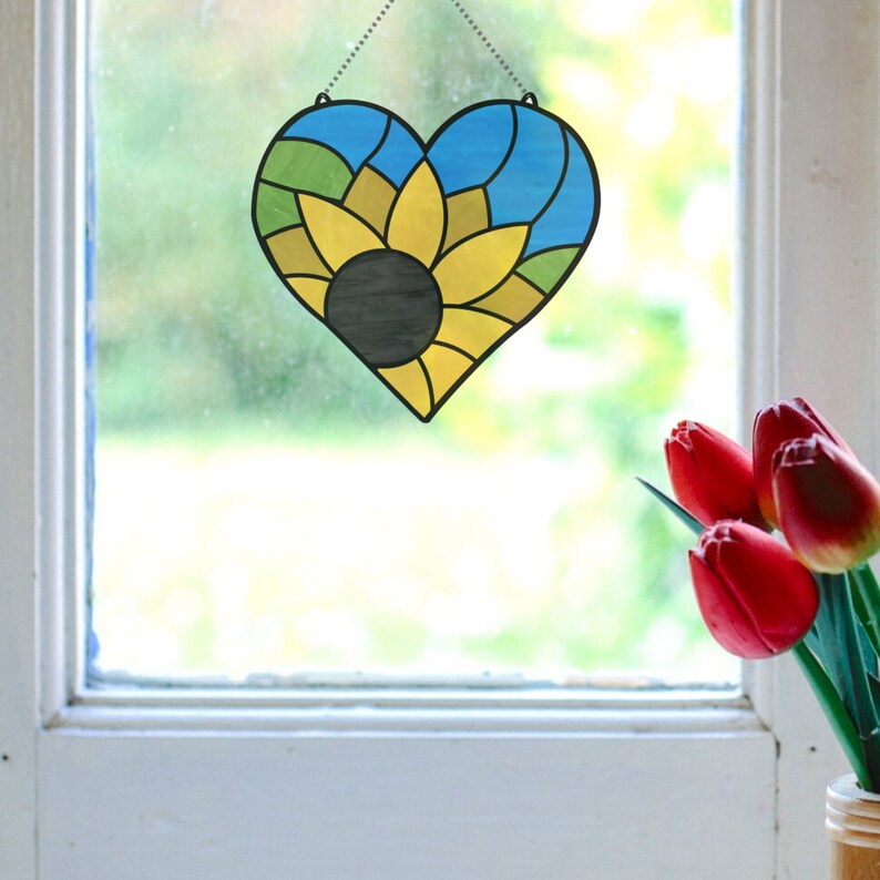 Stained Glass Heart Suncatcher Pattern With Sunflower Flower Etsy