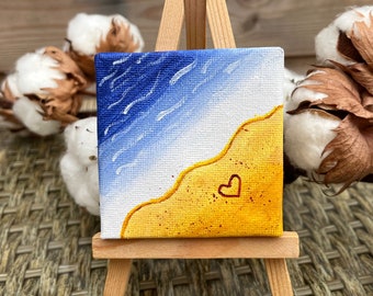 Sea Painting, Mini Canvas Painting, Seascape Acrylic Painting, Original Painting, Handmade,Heart painting, Home decoration, Free UK delivery