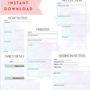 Puede incluir: Diario de estudio bíblico y oración imprimible con secciones para notas SOAP, devociones diarias, notas de sermones y reflexión. El diario tiene un fondo de acuarela azul claro y rosa.