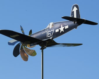 43 cm Corsair F4U windmill aircraft garden decoration, stainless steel, ball bearing, propeller incl. pole, legendary warbird, pilot