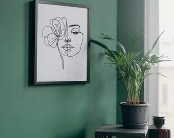 Minimalist Line Art Printable | Abstract Woman Face with Floral Design | Modern Boho Wall Art | One-Line Drawing Digital Download