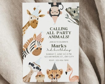 Editable Safari Animals Birthday Invitation Template Jungle Theme Party Invite Kids Birthday Digital Download