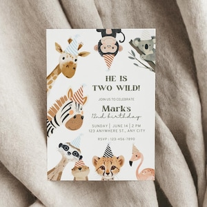 Invitación de cumpleaños de Safari editable, invitación de segundo cumpleaños de animales de la selva, dos fiestas salvajes, plantilla imprimible