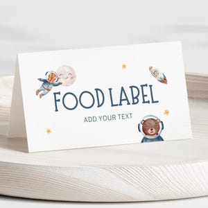 Weltraum Food Label Zelt - Raketenparty Buffetkarten - Zwei Mondgeburtstag - Astronauten Thema Bearbeitbare Canva Vorlage ASB2