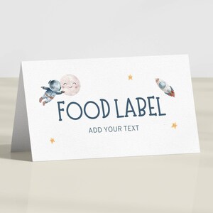 Voedseletiketten wegblazen - bewerkbare ruimtefeesttentkaarten - verjaardag astronaut - buffetborden raketthema SB1