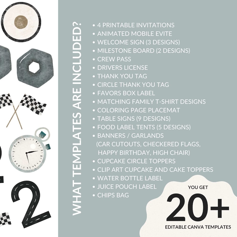 May include: A digital illustration of a race car themed party with the number 2 in the center. The text "WHAT TEMPLATES ARE INCLUDED?" is on the right side of the image. The text "YOU GET 20+ EDITABLE CANVA TEMPLATES" is at the bottom of the image. The image lists 20+ printable templates for a race car themed party.