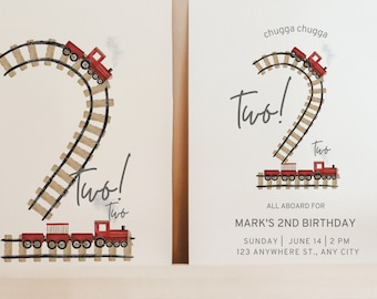 May include: A birthday invitation with a train theme. The number two is formed by a train track with a red train going around it. The text says "chugga chugga Two!" and "All aboard for Mark's 2nd Birthday. Sunday, June 14, 2 PM, 123 Anywhere St., Any City."