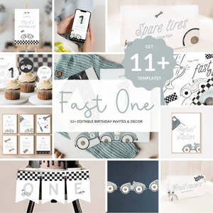 Editable Fast ONE Decorations PARTY PACKAGE with 11+ fully editable templates / blue vintage race car first birthday invites & decorations
