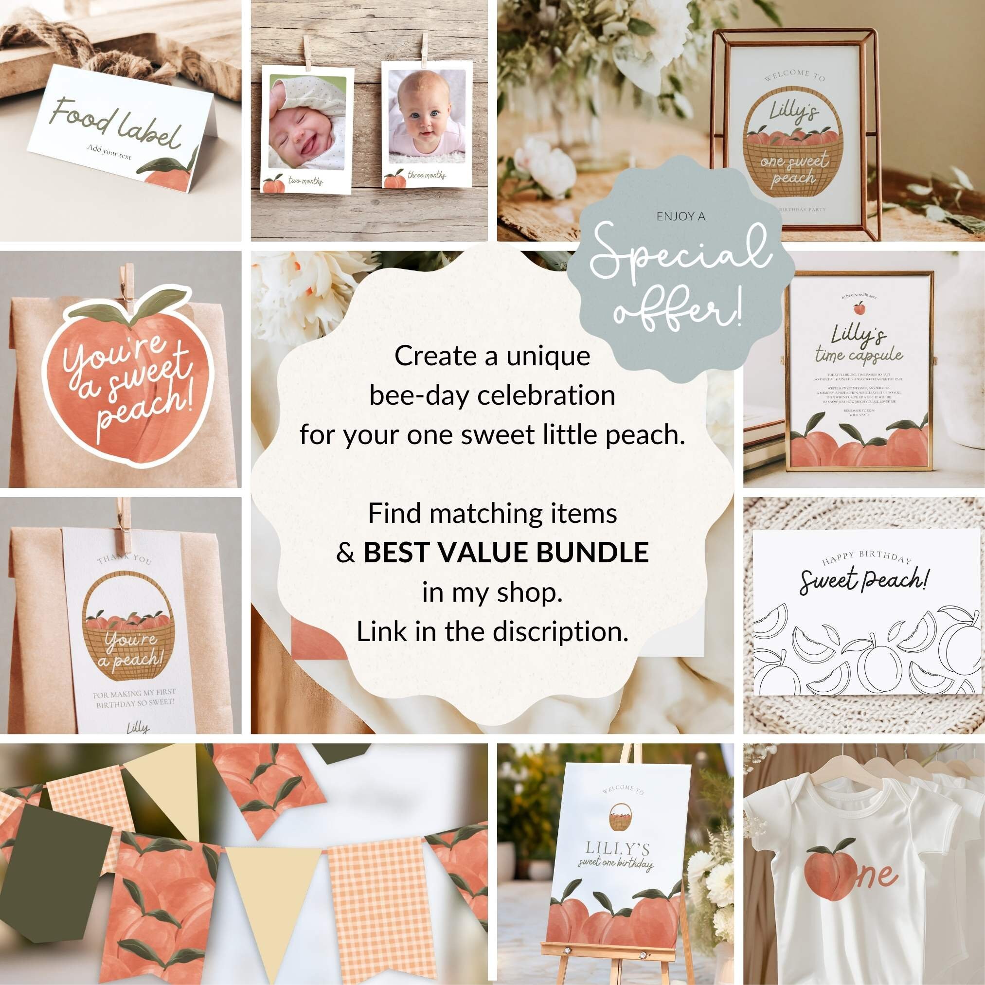 Sweet Peach First Birthday Thank You Card: Editable Template - Etsy