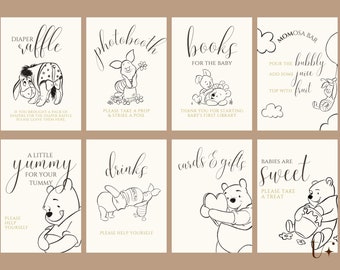 Pacchetto di cartelli per baby shower di Winnie the Pooh: modello Canva modificabile (download digitale)
