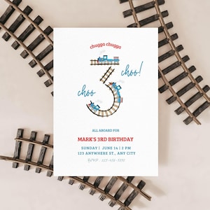 Invitación de tren para el tercer cumpleaños de niño - Invitación a fiesta de Blue Choo Choo - Plantilla editable de Canva, descarga digital imprimible