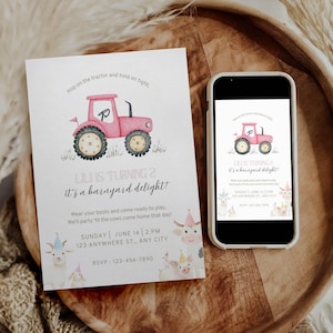 Faire-part d'anniversaire tracteur rose pour filles - Modèle modifiable sur toile de fête à la ferme avec animaux mignons et Vichy - Invitation imprimable de basse-cour