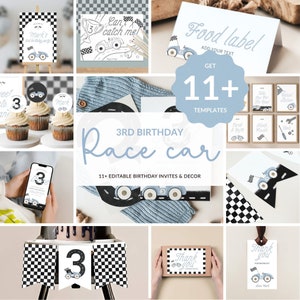 Essentiële 3e verjaardag RACEWAGEN-uitnodiging en decor BUNDEL met 11+ volledig bewerkbare sjablonen / blauwe vintage raceauto-verjaardagsversieringen