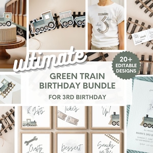 May include: A green train birthday party printable bundle with 20+ editable designs. The bundle includes invitations, thank you cards, food labels, and more. The designs feature a green train with a watercolor effect and a brown train track.