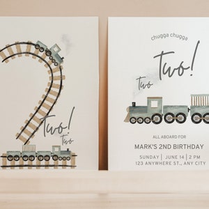 May include: Two train-themed birthday party invitations. The first invitation features a watercolor illustration of a train track in the shape of the number two. The second invitation features a watercolor illustration of a train with a caboose. Both invitations include the text "chugga chugga Two!" and details for Mark's 2nd birthday party.