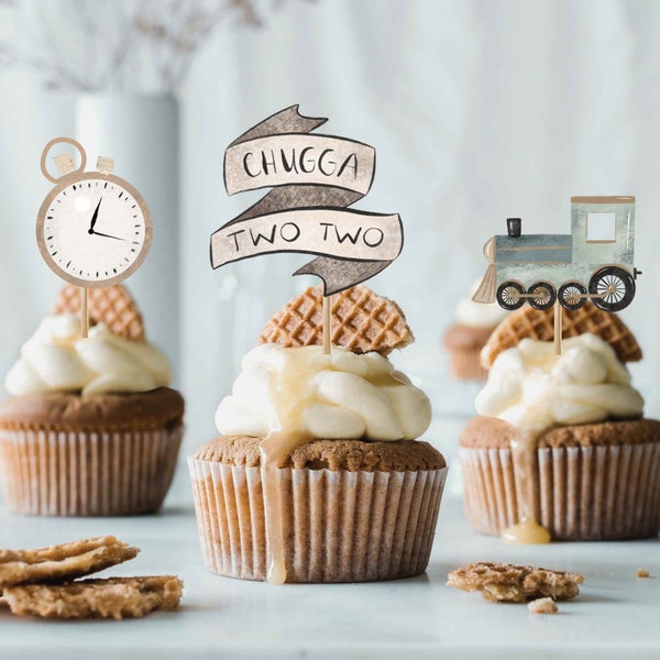 Chugga Chugga Zwei Zwei Geburtstag Dekoration Cupcake Topper Grün Zug Zweiter Geburtstag Printable Alle an Bord Jungen oder Mädchen Geburtstag Dekor