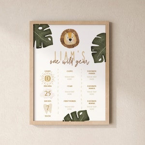 Póster de cumpleaños de Wild One Milestone, letrero de pizarra de primer cumpleaños de Safari EDITABLE, póster de primer cumpleaños de Jungle, plantilla de descarga instantánea