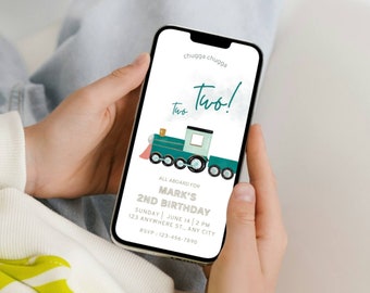 May include: A digital invitation for a child's second birthday party. The invitation features a cartoon train with the text "chugga chugga Two!" and the words "All aboard for Mark's 2nd Birthday".