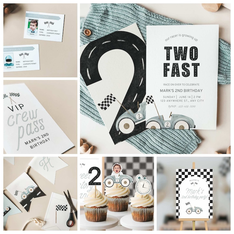 May include: A set of printable party decorations for a second birthday with a race car theme. The decorations include a banner, cupcake toppers, a sign, and invitations. The colors are black, white, and gray.