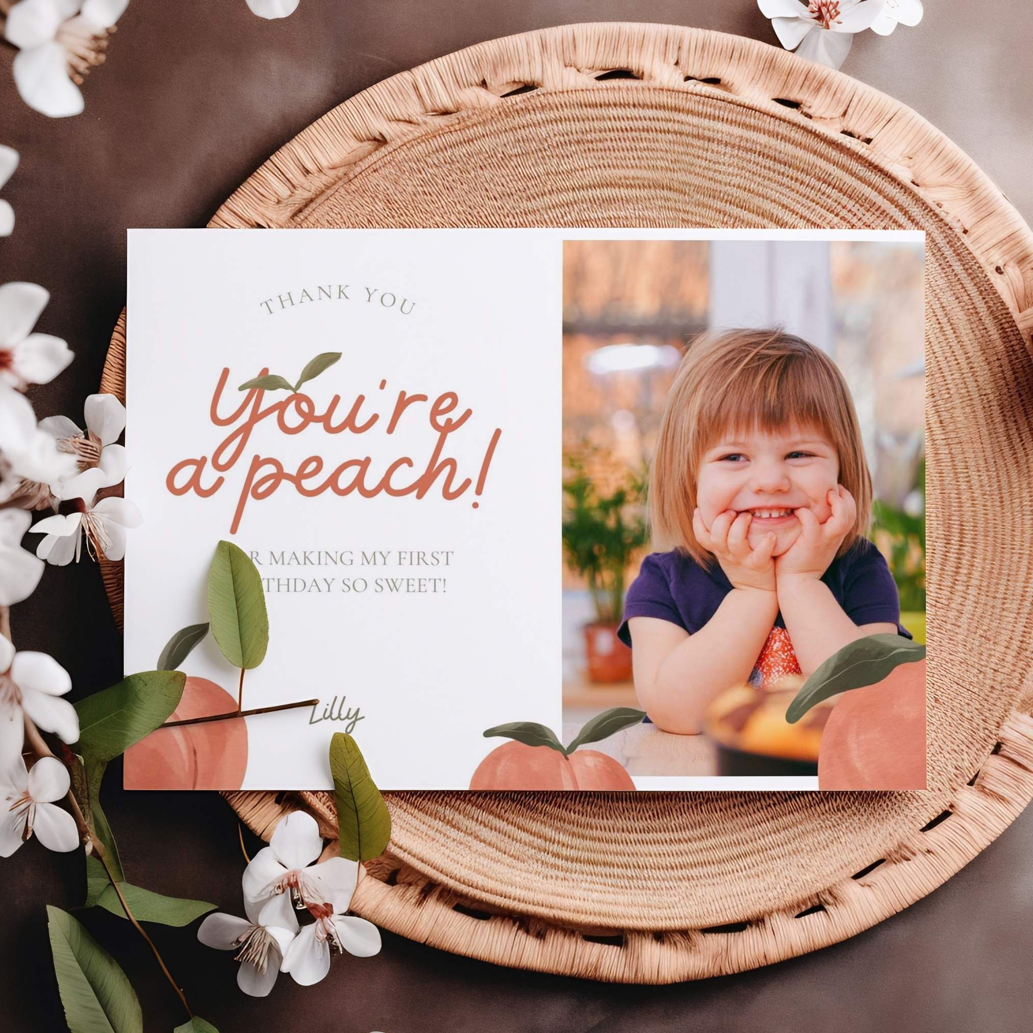 Sweet Peach First Birthday Thank You Card: Editable Template - Etsy