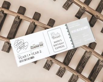 May include: A white train ticket with a black and white illustration of a train. The ticket says "Welcome aboard!" and "Mark's Birthday Express". The ticket is on a model train track.