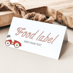 Rode racewagenfeest voedseletiketten | Gepersonaliseerde buffettentkaarten | Bewerkbaar Can't Catch Me I'm Three Theme Decorations I Koelvloeistof, reservebanden