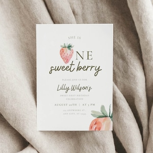 EDITABLE Pink Gingham Berry First Birthday Invitation, Berry First Birthday Digital Invitation Birthday, Strawberry First Birthday Invite