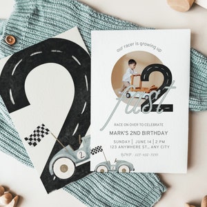 TWO Fast Birthday Invitation Race Car 2nd Birthday Invite with photo Racing Blue Car Vintage Party  Boy Printable Template Instant Download
