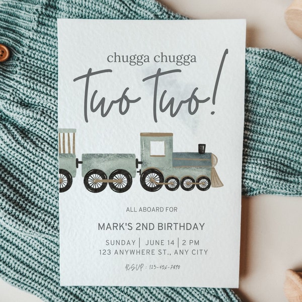 Chugga Chugga Two Two Birthday Invitation, Train Second Birthday Printable Invite, All Aboard Boys Birthday Invite, Birthday Evite