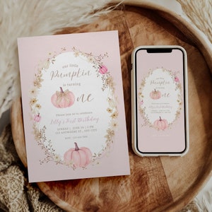 Pink Pumpkin First Birthday Invitation Girl - Canva Template